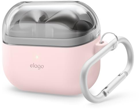 elago Compatibile con Samsung Galaxy Buds 3 Custodia & Galaxy Buds 3 Pro Custodia, Custodia Duo con Moschettone, Cover in TPU + Silicone Premium, Ricarica Wireless (Rosa chiaro + Trasparente)