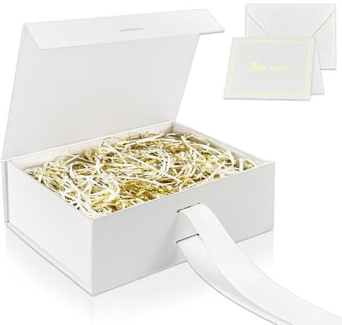 Gobiufy White Gift Box with Lid for Presents Luxury Magnetic Gift Boxes | 23*17*7cm Gift Boxes for Presents, with Ribbon Greeting Card Shredded Paper, Suitable for Christmas Mother's Day Birthdays