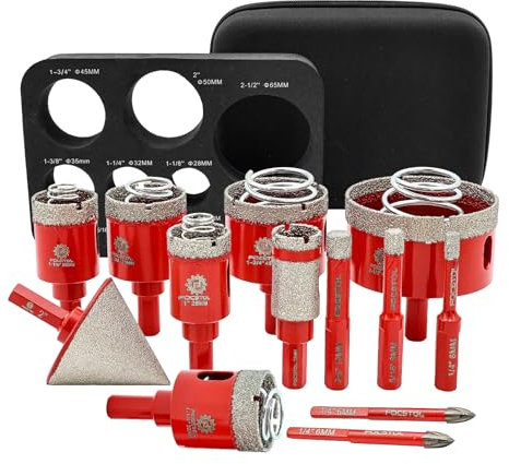 FOCSTOL Punte Diamantate Gres Porcellanato - Punte Trapano Diamantate per Piastrelle Ceramica 13 pezzi (6/8/10/25/28/32/35/45/65mm+50mm Punte per Smusso+20mm Trapano Fresa+6/6mm Punta in Carburo)