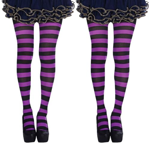 FUIPVGI 2 Pièces Collant Rayures, Collants pour Déguisements Femme, Chaussettes Rayées, Bas Hauts, Collants Rayés Opaques, pour Fêtes, Spectacles, Danses, Halloween, Cosplay (Violet, Noir)