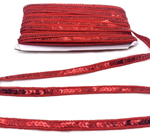 DHER 25 Meter langes Pailletten-Dekorband 12 mm Paillettenband | Glitzer Paillettenband Paillette Trim Bänder Pailetten Bordüre Stoff Paillettenbesatz, glitzerndes Paillettenband (Rot)