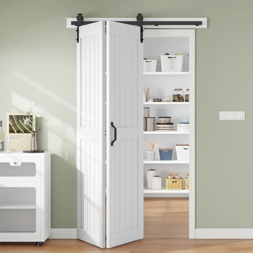 Finosen Faltbare Scheunentür, 121,9 x 213,4 cm, doppelt 61 cm, doppelt gefaltete Schiebetüren mit Hardware-Schienen-Kit im Lieferumfang enthalten, 1,3 m Schiene für 2 Türen, MDF-Holzplatte,