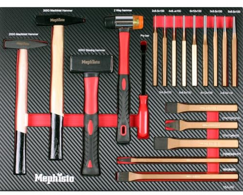 Mephisto Werkzeugeinlage Werkzeug Set Pro Line Werkstattwageneinlage Hammer- Set mit Hammer, Hebeleisen, Kunststoffhammer, Durchschläge, Meisel in Soft Inlay in Carbonoptik