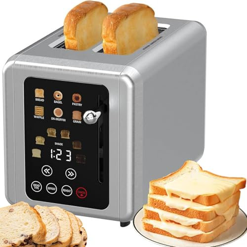 2-Slices Touchscreen Smart Toaster, 6-in-1 Stainless Steel Toaster with Sound Function and Digital Timer, 6 Bread Types and 6 Shade Settings, Revolution Toaster for Buffets, Camping and Restaurant