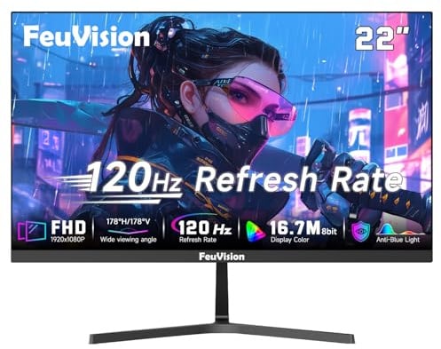 FeuVision 22 Zoll Monitor 120Hz, FHD 1080p PC Bildschirm, 99% sRGB