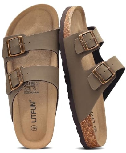 Litfun Unisex Cork Footbed Sandal Summer Slip On Slide Sandals with Adjustable Buckle for Women Men, Taupe (8-8.5 Women/6.5-7 Men)