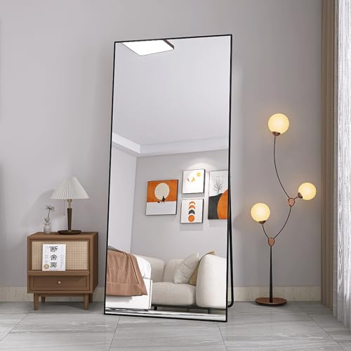 Mutuolux Miroir de Sol Pleine Longueur, Miroir sur Pied avec Cadre Noir à Suspendre et à Poser au Sol, Grand Miroir décoratif pour Chambre à Coucher, Salle de Bain, Salon (80 x 180 cm, rectangulaire)