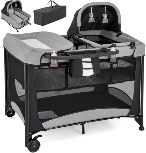 Maxmass 5 in 1 Baby Travel Cot, Foldable Infant Crib with Mattress, Diaper Changer, Storage Pockets, Hanging Toys, Lockable Wheels & Carry Bag, Portable Bedside Sleeper for Newborn (Black)