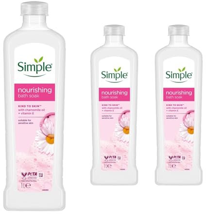 Simple Kind to Skin Nourishing Bath Soak, Pack of 3, Bubble Bath for Women, Soft and Hydrated Skin with Pro-Vitamin B5, Vitamin E and Chamomile Oil for Sensitive Skin Type, 1 L
