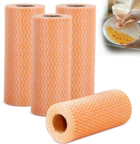 Wischtücher auf Rolle, 4 Rollen Wiederverwendbare J Cloth, Vliesstoffe Küchentücher Putztuch, Mehrzweck Wischtuch Rollen für Wohnküche Esstisch(Orange)