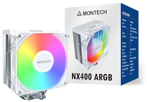 MONTECH NX400 ARGB - CPU Cooler, Single Tower, 4 Advanced Heat Pipes, 52-fin Heat Sink, E28, 120mm FDB Static Pressure Fan, 28mm Fan Thickness, Corner-Cover Footpads, Polished Top Cover, ARGB - White
