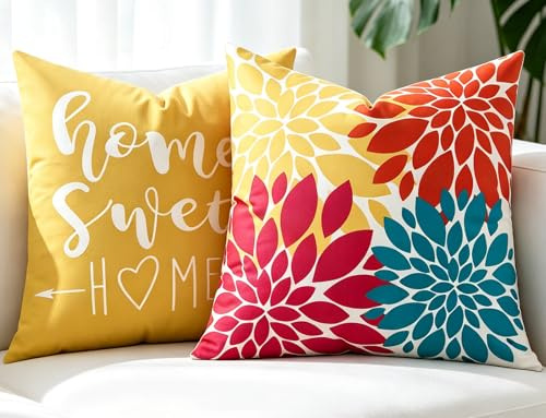 DakTou Sofa Kissenbezug 40x40 Frühling Mit Bunt Dahlien und Schriftzug, 2er Set Dekokissen Bezüge Waschbar aus Weichem Kurzflor-Stoff, Landhausstil Kissenhülle Modern Kissenbezüge für Wohnzimmer Deko