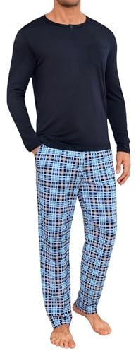 Marvmys Pyjama Hommes Hiver Coton Long Pantalons à Carreaux Homme Ensemble Pyjamas à Manches Longues Set Doux Loungewear Vêtements de Nuit Col Rond Boutons avec Poches S-4XL
