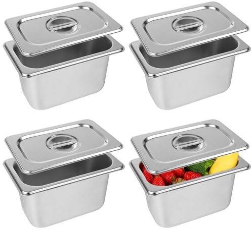 LOLYSIC 4 Stück Behälter mit Deckel 1/9 Gastro Behälter Edelstahl | Gastronomie Behälter Edelstahlbehälter mit Deckel Gastronormbehälter Essen (176x108x100MM)