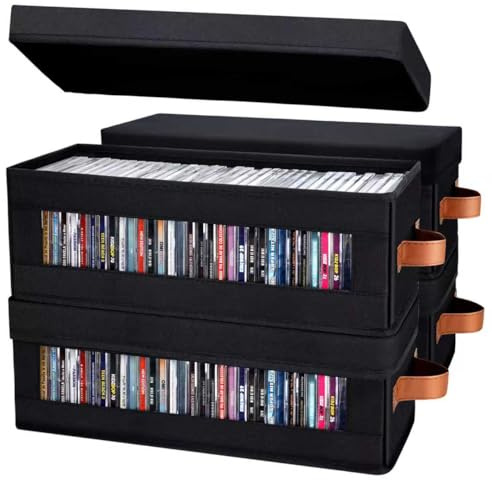 kroucoco CD Storage Box with Handles, CD Case Storage with Visible Window, Stackable CD Case Organizer with Lid, Each Holds up to 35 CDs, Black, 4 Pack
