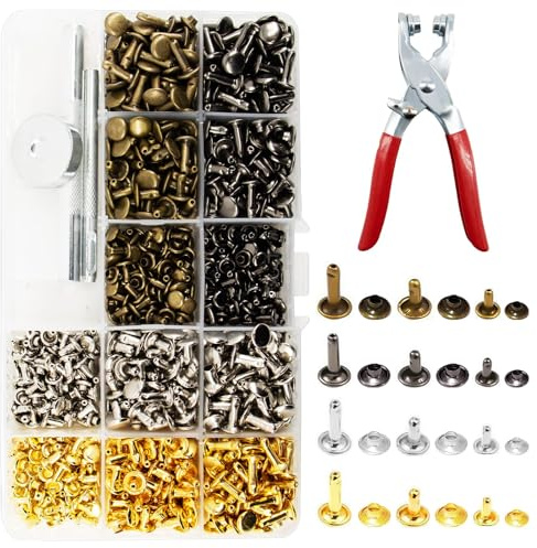 SPOKKI 480 Stück Leder Nieten Set 12 mm 8 mm 6 mm mit roter Nietenzange, Hohlnieten und Studs, komplettes Nietenzange Set für DIY Lederhandwerk, Kleidung, Gürtel und Leder Reparatur