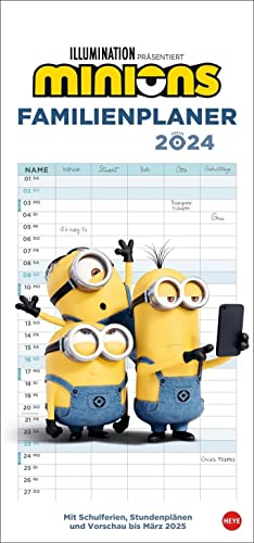 Minions Familienplaner 2024. Familienkalender mit 5 Spalten. Wandkalender mit Schulferien und Stundenplänen.