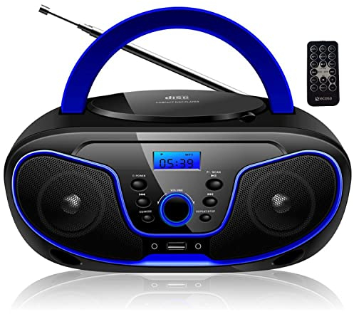 Tragbarer CD-Player | Boombox | CD/CD-R | USB | FM Radio | AUX-Eingang | Kopfhöreranschluss | CD-Player | Kinderradio | Radio | CD | Stereoanlage | Kompaktanlage (Dark Blue)