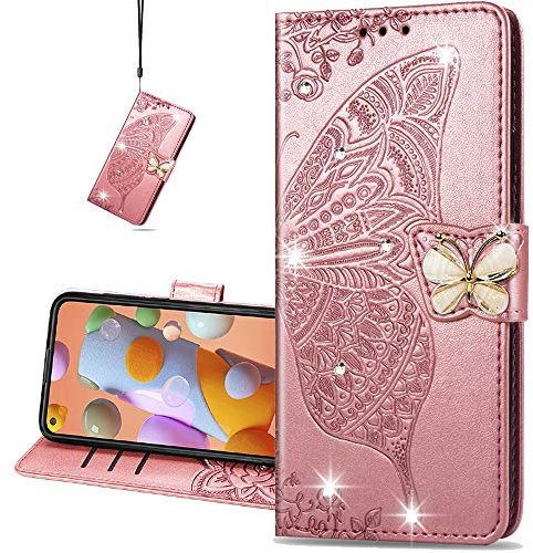 COTDINFORCA case for Huawei P40 Lite 5G Hülle,Diamant Kristall Schutzhülle Magnet Handytasche Kartenfächer Lederhülle Flip Handyhüllen für Huawei NOVA 7 SE Cover Diamond Butterfly Rose Gold SD
