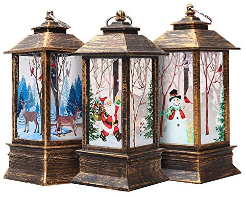 3PCS Christmas Candle Lanterns Vintage Xmas Candle Xmas Tea Light Candles Lamp with LED Tea Light Fireless Candles Lamp Santa Claus Snowman Elk Christmas Lights for Christmas Decoration