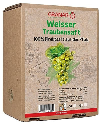 Trauben Direktsaft weiß aus der Pfalz, 100% weißer Traubensaft, vegan und ohne Zusätze - 2 x 5 Liter Box