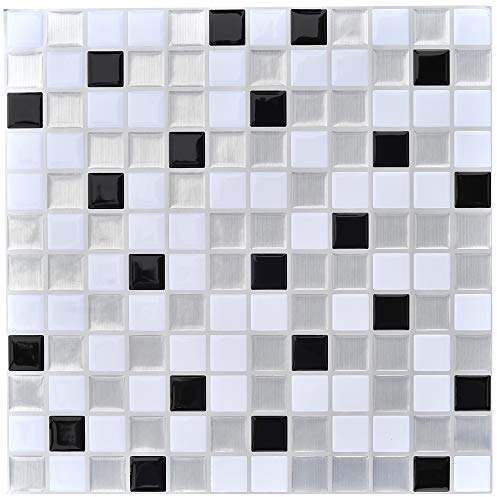 Profesticker 9 Blätter Fliesenaufkleber Selbstklebende Klebefolie 3D Fliesen Aufkleber Klebefliesen Fliesendekor Fliesenfolie Bordüre (Mosaik Schwarz-Silber-Weiß)