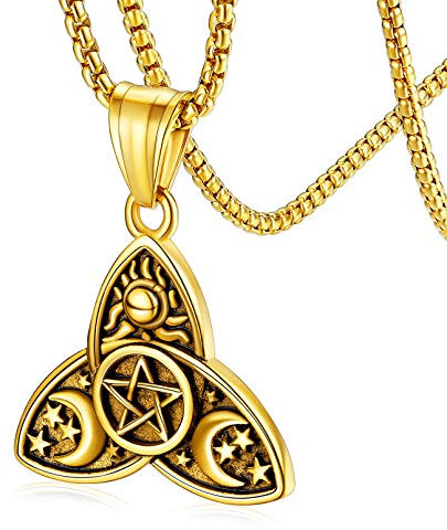 FaithHeart goldener Wicca Keltischer Knot Halskette mit Dreifach Göttin Mond Anhänger Triple Celtic Knot Anhänger Schmuck Herren Damen