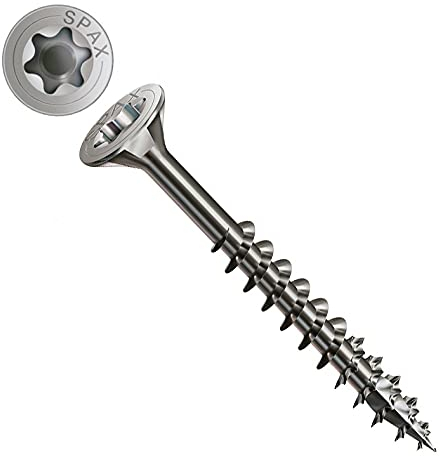 5X80/46 Vis à bois, entraînement Torx, tête plate fraisée T-Star Plus, dentelée rectifiée, vis autotaraudeuse à 4 pointes en acier inoxydable A2 antirouille Spax pour terrasse 100 pcs