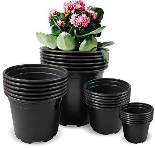 RAOOKIF Lot de 24 Pots de pépinière en Plastique avec Trous de Drainage, différentes Tailles - Pots de Fleurs Ronds Noirs - 7,6 cm, 12,2 cm, 15,2 cm, 15,2 cm