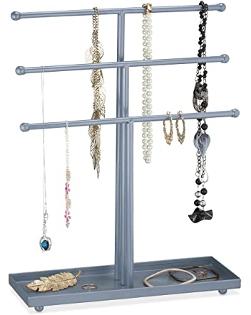 Relaxdays Schmuckständer, T-förmig, 3 Ebenen, für Ketten, Armbänder & Ohrringe, mit Ablage, Kettenhalter Metall, Silber, 40 x 31 x 11 cm