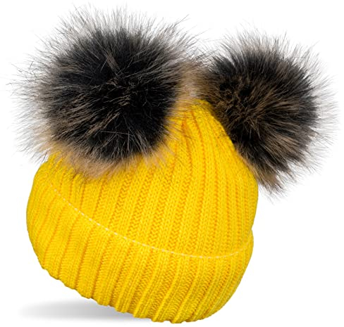 styleBREAKER Kinder Strick Bommelmütze mit 2 Kunstfellbommel und Fleece Futter, Winter Mütze, Strickmütze, 2-5 Jahre 04024203, Farbe:Gelb