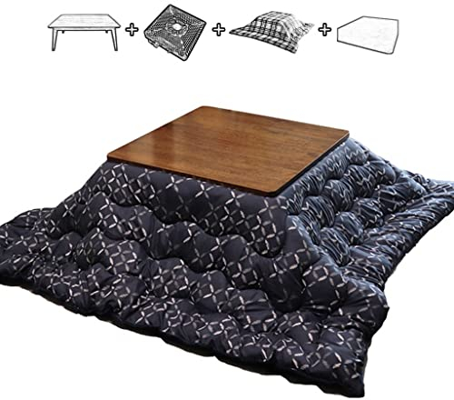 TESZON Kotatsu-Tischset aus japanischem Holz mit Heizung und Decke, Matte, Plug-in-beheizter Tisch, Futon-Bettdecke, 4er-Set for Zuhause und Wohnen, quadratischer Kaffee-/Teetisch, Marineblau
