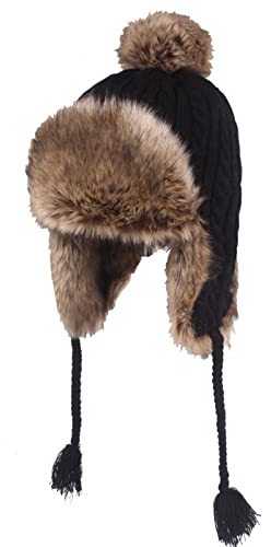 Jalach Damen Mütze Stricken Verdicken Ohrenschützer Hut Fellmütze Warm Wintermütze für Frauen Mädchen (Schwarz)