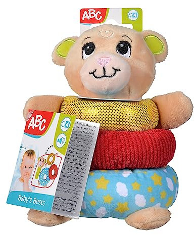 Simba ABC Teddy Plüsch Stapelring, mit Stabgreifling und Rassel, Verschiedene Texturen, 16cm, ab den ersten Lebensmonaten