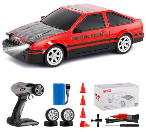 Ferngesteuertes Drift Auto 30 km/h 1/16 4WD 2.4G Hohe Geschwindigkeit Rennauto 2 Modalità mit Pneumatico Drift & Racing, 4 Barrikaden USB Luci LED Geschenk für Kinder Erwachsene Rot 1 Batterie