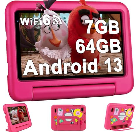 Oangcc 2025 Tablet Bambini 7 Pollici Android 13, 7GB RAM+64GB ROM (TF 1TB), WiFi 6 BT 5.0, Octa-Core, GMS Certificated | Controllo Parentale | Doppia Fotocamera | GPS | Tablet con Custodia EVA - Rosa