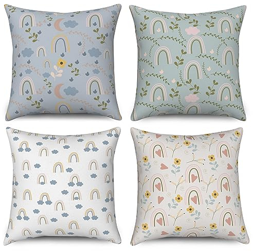 ASDCXZ Kinder Kissenbezug 40x40 cm 4er Set, Niedlich Blume Regenbogen Wolke Blau Grün Sofa Dekokissen Kissenbezüge Kissenhülle Waschbar Polyester Flachs Textil Outdoor Kopfkissenbezug Kissen Bezug