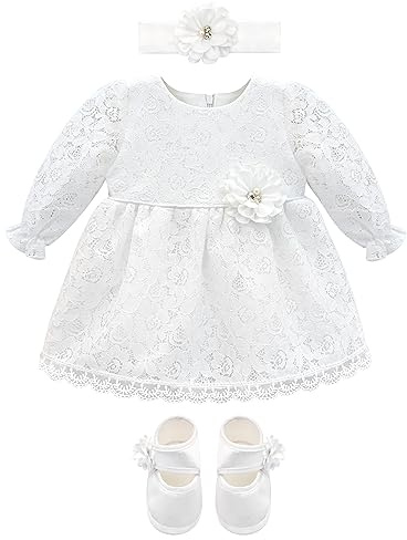 Lilax Abito da Bambina in Pizzo con Ricamo Floreale e Scarpe abbinate, per Battesimo