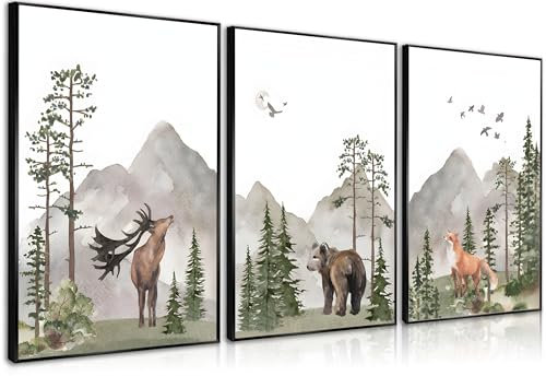 YBARTZQ Woodland Kinderzimmer Wandkunst Wildtiere Wald Wanddekoration Drucke Abenteuer Thema Leinwand Poster Hirsch Bär Fuchs Aquarell Bilder Gemälde für Jungenzimmer Mädchenzimmer 3 Stück 30,5 x 40,6
