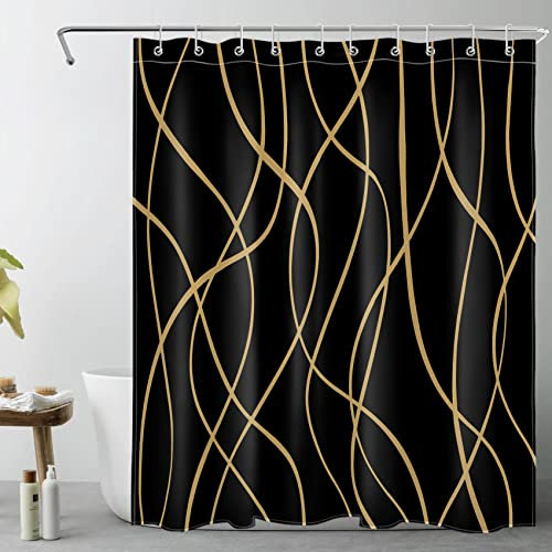 LB Abstrait Rideaux de Douche 150x180cm(LxH) Rayures d’Or foncé Rideaux de Bain avec Crochets, Noir géométrique Moderne Court Imperméable Polyester Anti Moule Salle de Bain Décor