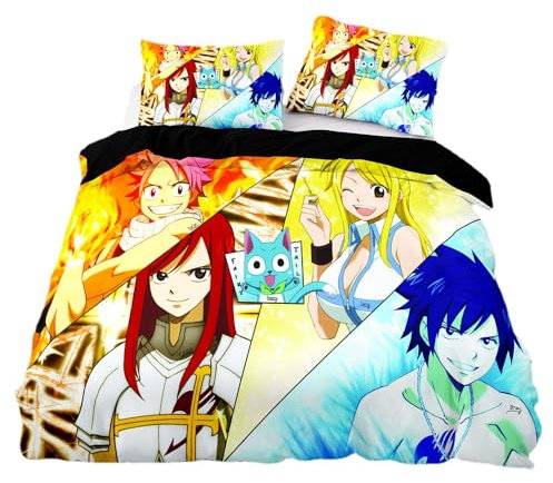 KnorRs 3D Drucken Bettbezug 135x200, Anime Fairy Bettwäsche-Set, Tail Schwarz Bettbezug Mit Reißverschluss Und Kissenbezug Single (A1,135x200 cm + 80x80 cm)