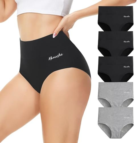 Momoshe Unterhosen Damen Baumwolle Unterwäsche Frauen High Waist Bauch Weg Unterhose Slip Atmungsaktiv Tanga Hohe Taille Weich Panties Schwarz Grau 5er Pack XL