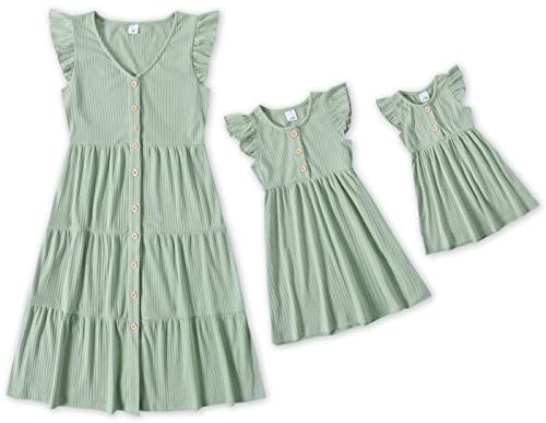 IFFEI Mutter Tochter Kleider Partnerlook Midikleid mit Flattersärmeln & Tupfen, Sommerliches Set für Mama & Mädchen Ideal für Familienfotos & Freizeit