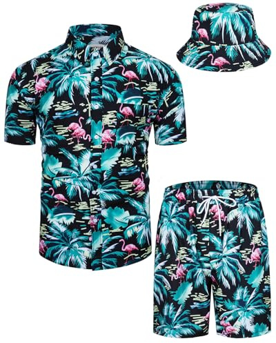TUNEVUSE Herren Hawaiihemd und Shorts Set, 2-teiliges tropisches Set, Blumen Bedruckte Knopf Strand Set mit Hut