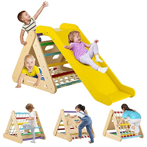 LIFEZEAL 4 in 1 Kletterdreieck Indoor, Klettergerüst mit Kletternetz, Kinderdreieck mit Rutsche ab 1 Jahre, Sprossendreieck Kinderkletter aus Holz (Mehrfarbig)