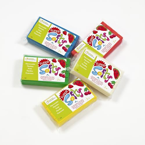 MY MANDARINE SO0880005K01C - Packung mit 5 Blöcken Knetmasse SuperSofty, 5x350g, ideal ab 2 Jahren, sehr weich, glutenfrei, pflanzlich, Grundfarben sortiert (rosa, weiß, gelb, orange), 1 Pack