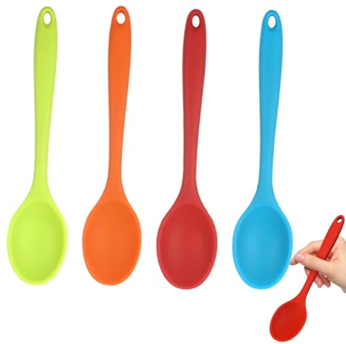 4 PCS Silicone Spoons, Small Heat Resistant Cooking Spoons Nonstick Kitchen Spoon for Cooking Utensils Stirring Scooping Mixing, Food Grade Serving Soup Spoon (Red, Green, Blue, Orange)