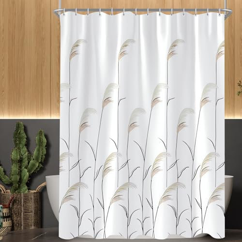 Lerores Rideau de douche 220 x 200 cm, motif oreilles de blé, ourlet lesté, anti-moisissure, imperméable, lavable, en tissu polyester, avec 12 œillets et anneaux de rideau de douche, pour salle de