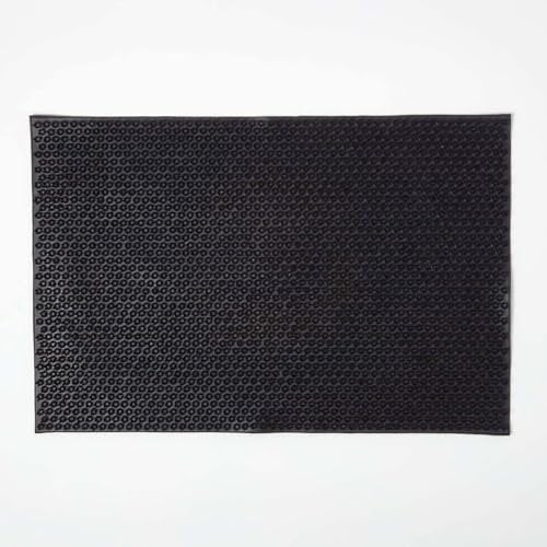 HOMESCAPES Rubber Door Mat with Grass Effect Scraper, 40cm x 60cm, Black, for Indoor or Outdoor Use