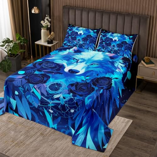 Homewish Couvre-Lit Loup Exotique, Dessus de Lit 170x230 Adulte Plume de Fleurs de Rose, Couverture de Lit Attrape-Rêves pour Fille Femme, Jetés de Lit Animaux Sauvages des Bois